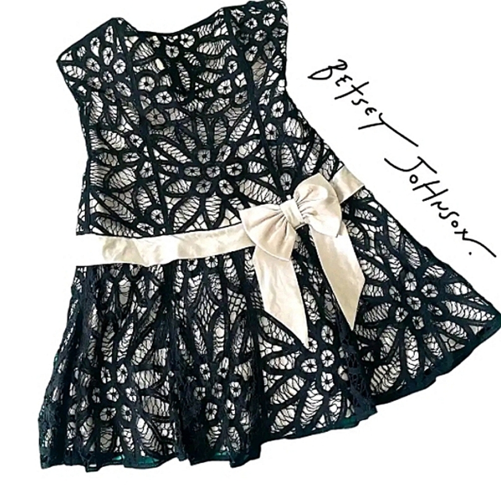 NEW Betsey Johnson dress black lace gold satin drop waist bow corset pouf mini 2